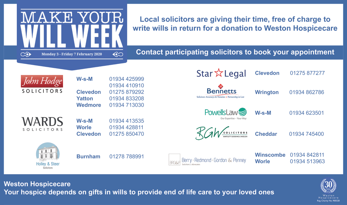 WHCHospice's tweet photo. Local solicitors still have appointments available for our supporter to take advantage of for Make Your Will Week. It will take place between 3-7 February and spaces must be secured soon. 

To secure a spot, contact your local solicitor from the list below... https://t.co/f1NczKlY6k