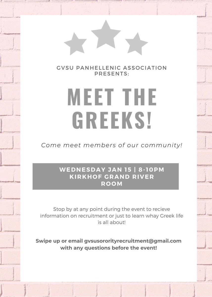 Meet the Greeks is here!! 😊🙌 Come by to learn about Panhellenic/Greek life and winter recruitment! 💜