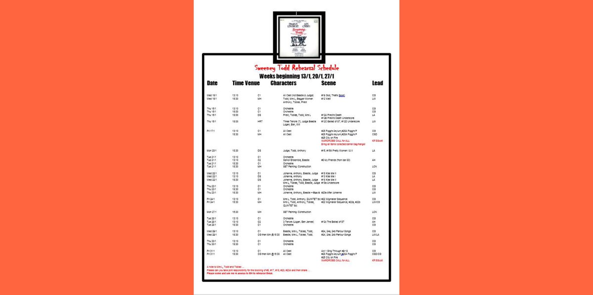 gcs_community's tweet photo. Calling all @GuildfordCounty Sweeney Todd cast. Please see the new schedule for the next 2 weeks and also check any changes to the end of this week that may affect you.@GCS_SixthForm @GCSDrama https://t.co/NOVJtSyQFj