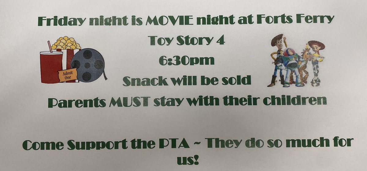 Get out of the house before the snow storm arrives!  Forts Ferry is having MOVIE NIGHT this Friday January 17th.   Toy Story 4 will be shown at 6:30pm. Snacks will be sold. Children must be chaperoned. Come out and support PTA 🎬🍿