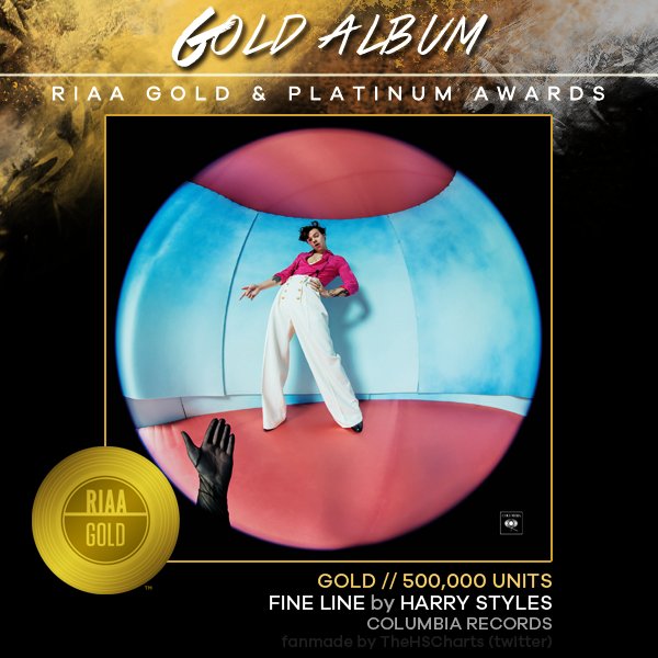 "Fine Line" and "Lights Up" are OFFICIALY certified GOLD in the USA. "Fine Line" has already sold over 670k units in the US as of now, and both "watermelon sugar" and "adore you" also eligible for gold for selling over 500k each.