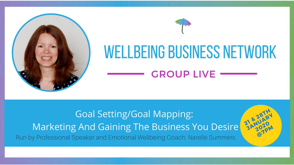 WellbeingUmbrel's tweet image. Narelle Summers is guest speaker in the Wellbeing Business Network FB group next week on Tues 21st &amp;amp; 28th @7pm, she will be talking to us about:

‘#GoalMapping: #Marketing And Gaining The Business You Desire! ‘
Event info; loom.ly/JoUiXJc
#wellbeingbusiness #support