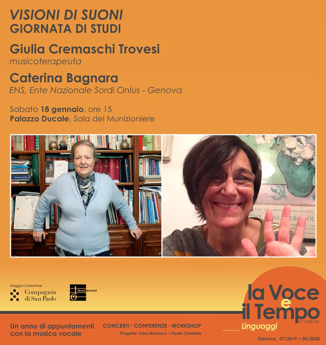 VISIONI DI SUONI

<a href="/VoceTempo/">La Voce e il Tempo</a> presenta sabato una giornata di studi a @Ducale_Genova dedicata alla LIS, Lingua Italiana dei Segni. 

Protagoniste la musicoterapeuta Giulia Cremaschi Trovesi e Caterina Bagnara di ENS #Genova

➡️ INFORMAZIONI: bit.ly/VisionidiSuoni

#vocetempo1920