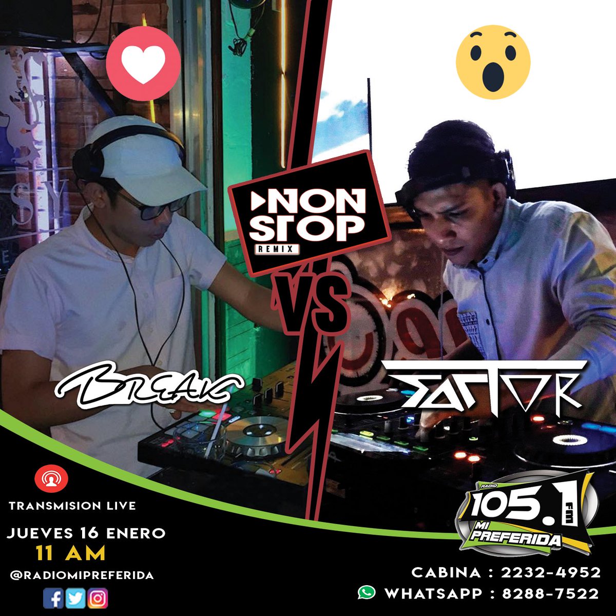 deejaykobeof's tweet photo. Mañana en NONSTOP REMIX
Jueves de 🆚
DJ BREAK (@breaknic.dj) vs DJ FACTOR (@djfactor050)
11 AM @radiomipreferida105.1
#teamBREAK❤️ o #teamFACTOR😱
Apoya a tu favorito https://t.co/JDu4iaRM69