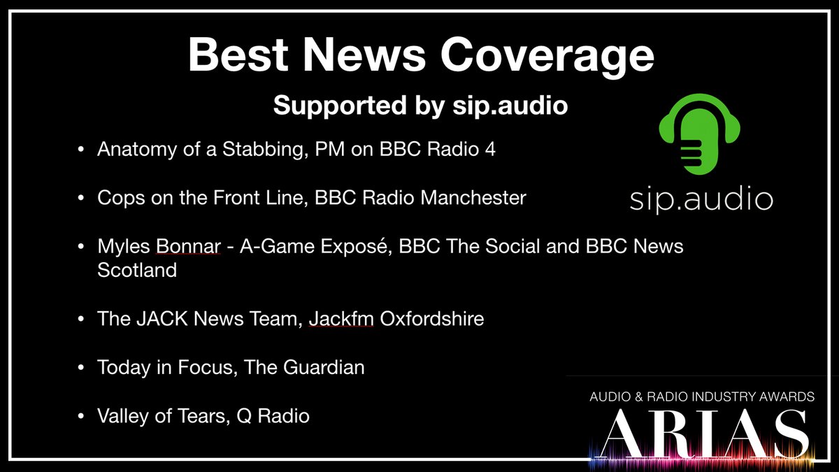 #UKARIAS Best News Coverage with sip.audio: • Anatomy of a Stabbing | @BBCRadio4 • Cops on the Front Line | @BBCRadioManc • @MylesBonnar | @BBCTheSocial @BBCScotlandNews • @JACKfmOxford News Team • Today in Focus | @GuardianAudio • Valley of Tears | @goQradio