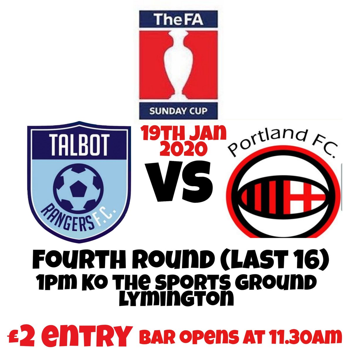 This Sunday please make the journey to <a href="/lymingtontownfc/">Lymington Town FC</a> to support Talbot Rangers take on London side <a href="/portlandfc2/">portland fc</a> in the last 16 of the National Cup.

Only £2 entry and the Bar will be open from 11.30am.

Game Kicks Off at 1pm