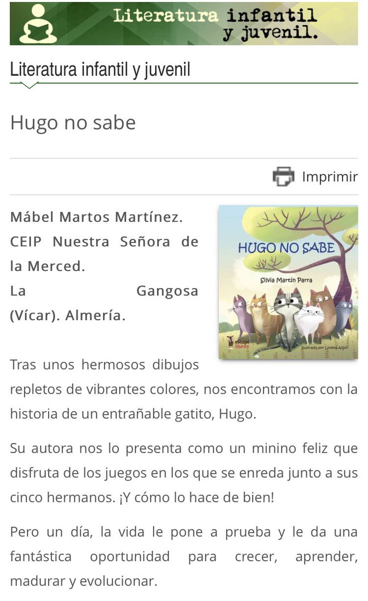 sylviemp84's tweet photo. Libro Abierto, la revista de las Bibliotecas escolares andaluzas recomienda “Hugo no sabe” a través de una preciosa reseña de nuestra @mabelita1980 . Mil gracias, me encanta ❤️
https://t.co/b7tvpX9cvv https://t.co/MGtWUWkGgO