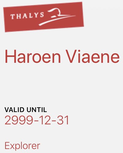 Thalys explorer card, valid until 2999/12/31