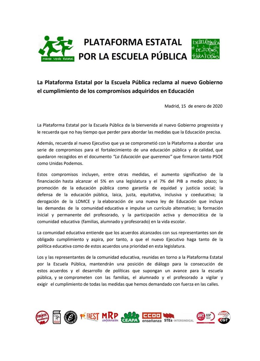 La Plataforma Estatal por la Escuela Pública reclama al nuevo Gobierno el cumplimiento de los compromisos adquiridos en Educación.