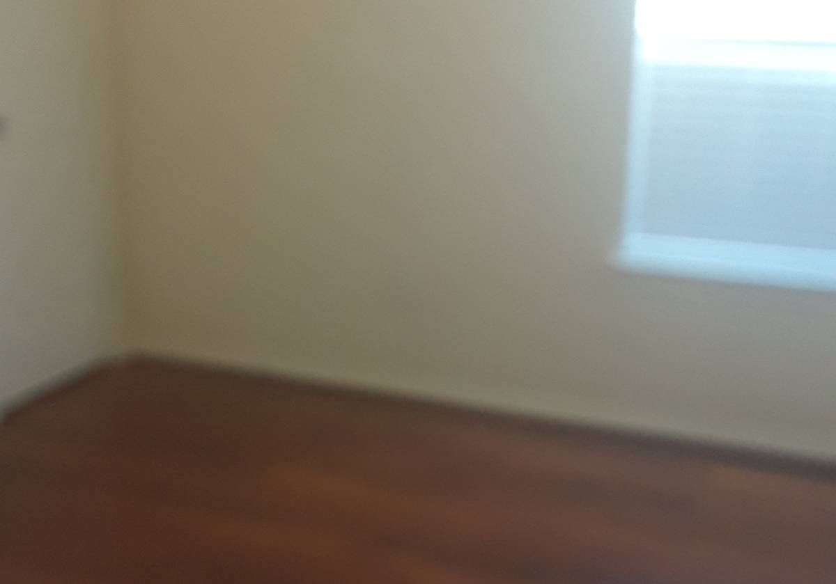 A very blurry photo of a room with a hardwood floor and beige walls. There is a window on the right.