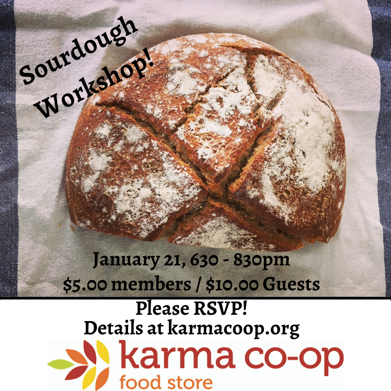 KarmaCoop's tweet photo. Our sourdough #workshop is happening next Tues, Jan 21 630-830 pm! Learn how to make your own loaf and get a starter to get you, started! Details at https://t.co/FTcDj6JmJd.
#eventsTO #workshopsTO #sourdough #TorontoSourdough #fermentsomething https://t.co/jX0bgQ1792