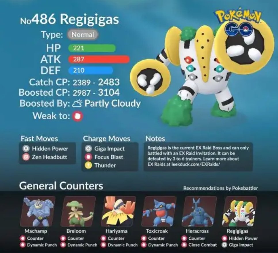 pokepoechat's tweet photo. Nueva oleada de #PaseEx #PokemonGO para el día 23 de Enero. 

Mucha suerte a todos los que tienen pase para hoy #regigigas 

Les dejo tabla de Ivs de @LioVlogs e infografía de counters, por si acaso 😬 https://t.co/Ouu0LCppwP