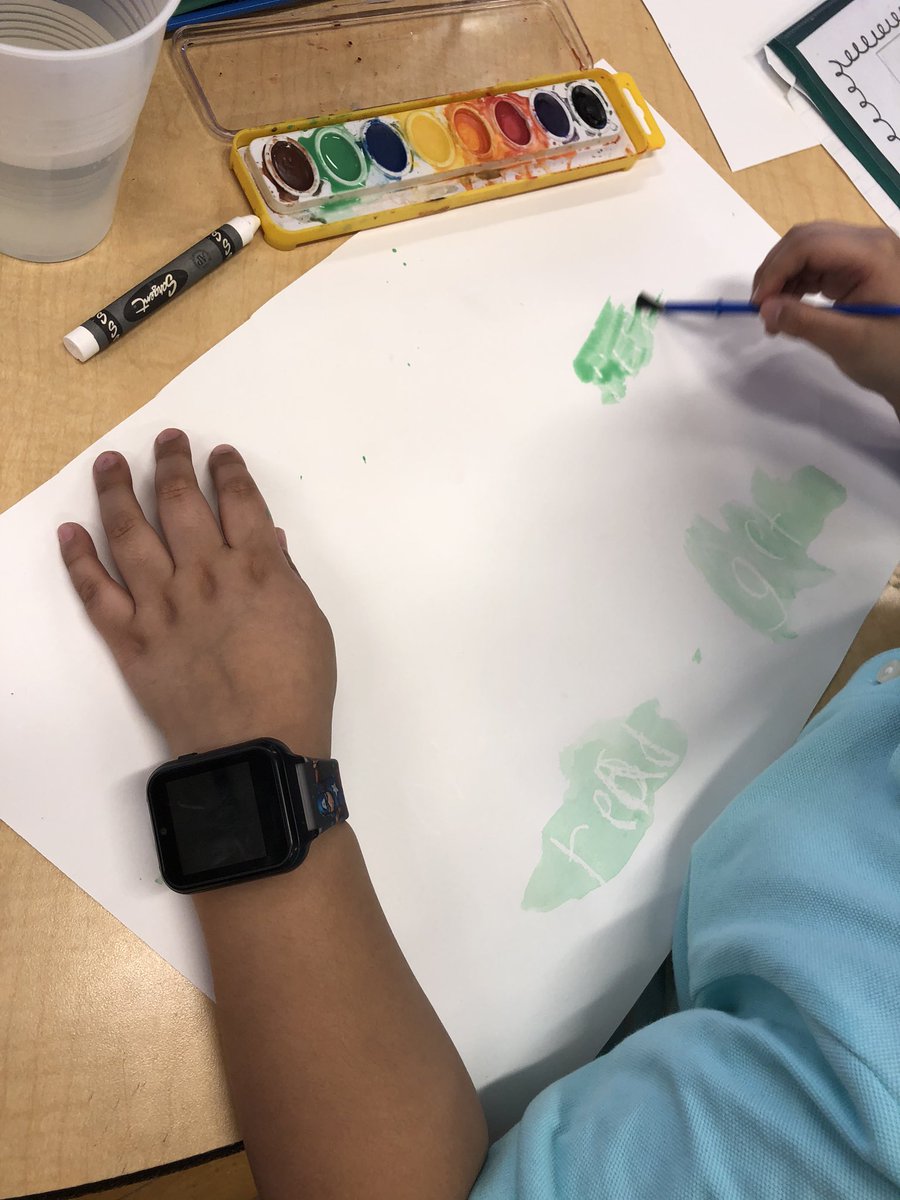 Mrs__Guzman's tweet image. Practicing our spelling words with some watercolors 🌈 #WeeCreate