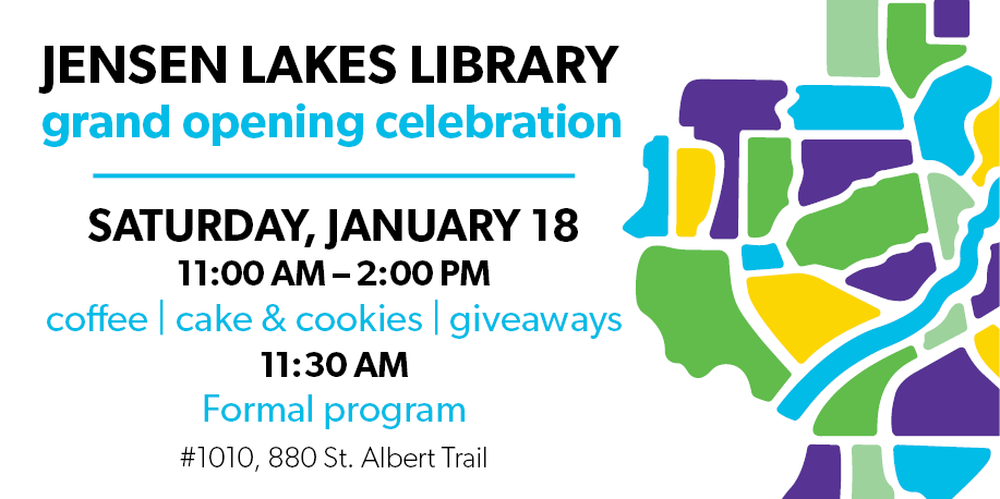 StAlbertLibrary's tweet photo. Join us Saturday to celebrate the opening of Jensen Lakes Library from 11 am - 2 pm, with a short formal program at 11:30. We'll have coffee, cake, cookies and a prize wheel you can spin to win cool library swag. #HappyNewLibrary #LibrariesChangeLives https://t.co/dTlD1TXPXJ https://t.co/UTinDfz07E