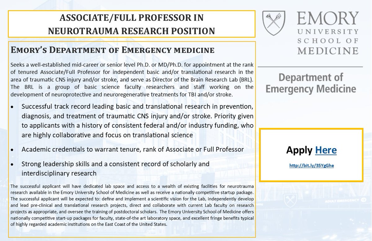 EmoryEM's tweet photo. #EmoryEM is hiring an Associate/Full Professor in Neurotrauma Research. Interested? Info here: https://t.co/g5jnDzz4rb @IPRCEmory https://t.co/YCYUGvF1IS
