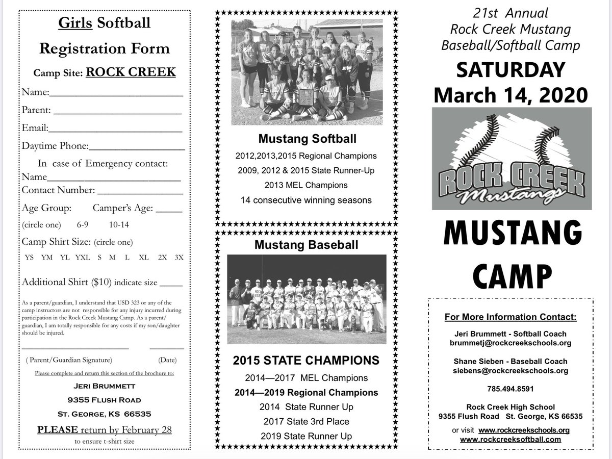 RockCreekBsbl's tweet photo. 20th Annual Rock Creek Baseball / Softball Camp is coming soon!  Date is set for Saturday, March 14th! For more info contact Coach Sieben for baseball or @JeriB5 for @Mustang_SB camp. Contact info included on flyer. https://t.co/LFfaHIZcRp