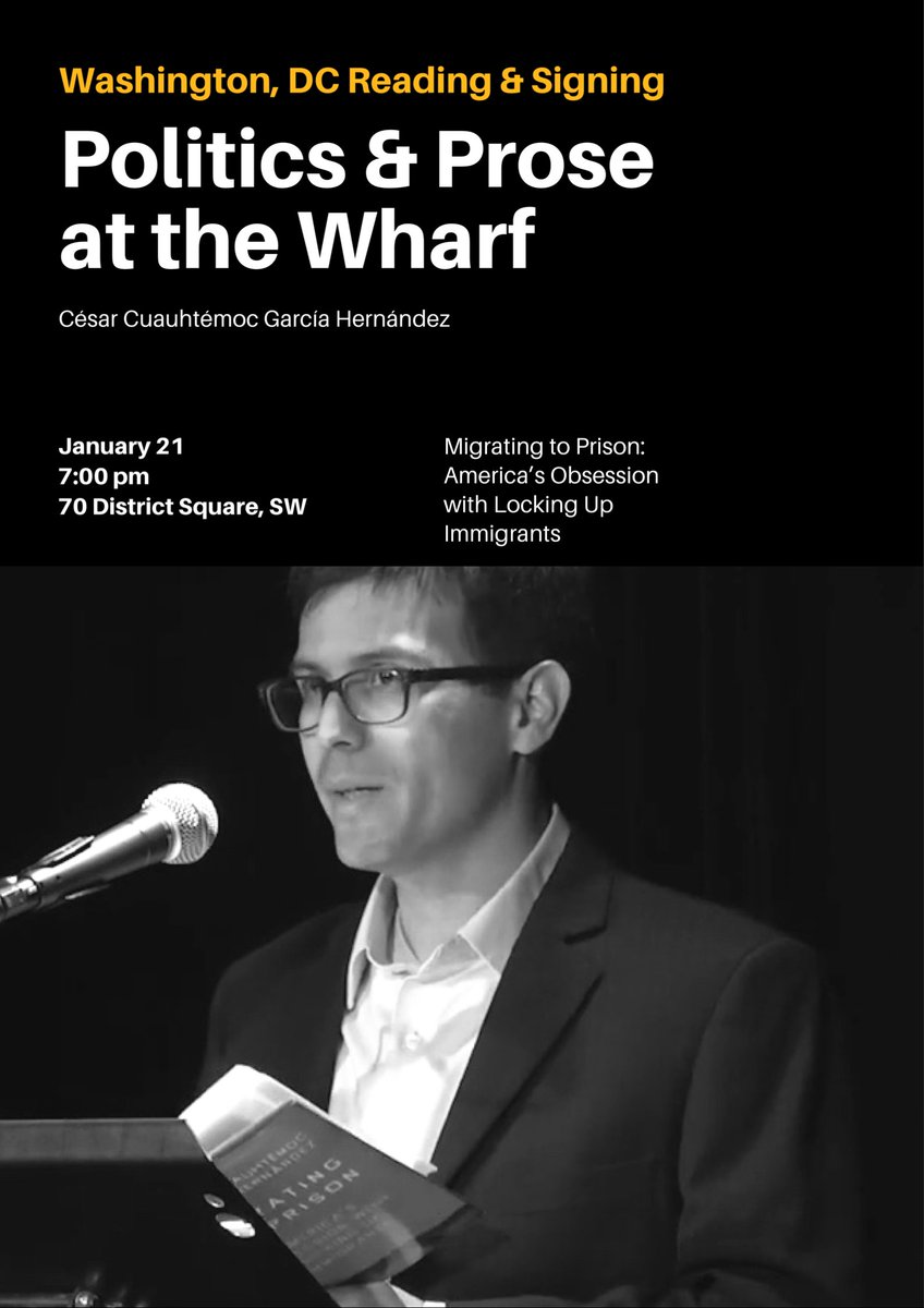 On Tuesday, I’ll visit @PoliticsProse to read from my book “Migrating to Prison.” DC twitter - hope to see you there! crimmigration.com/booktour/ @AlexTwinem @tiger_speak @avabdc @valeriereports @MaritzaCPerez @ProfLlezlie @sam_rodarte @ThomasRachkoJr @david_satnarine @mmillerflowers