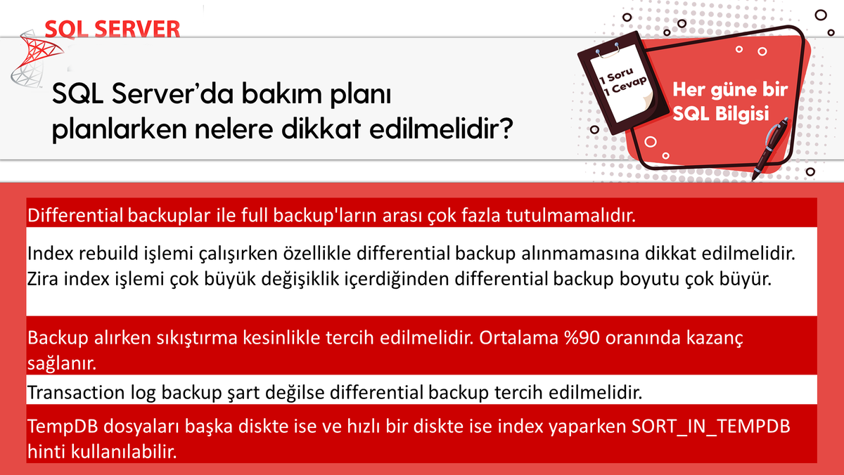 omer_colakoglu's tweet image. SQL Server’da bakım planı planlarken nelere dikkat edilmelidir?

#hergüne1sqlbilgisi #backup #differentialbackup #fullbackup #sqlyedekleme #sqlyedek #fullyedek
#sqladministration #dbManagement #veritabanıYönetimi #sqlperformance  #sqlmemory
#ocolakoglu #udemysql #tsql #sql