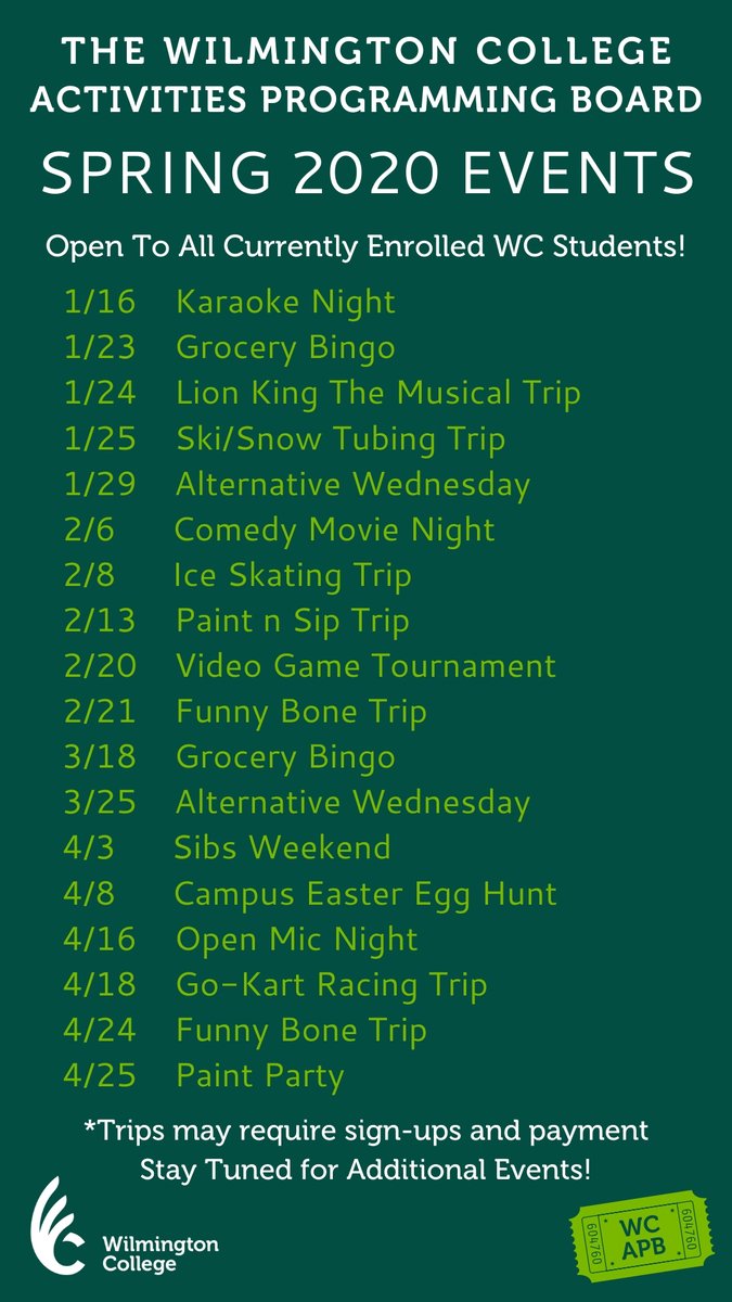 wcapb's tweet image. Are you ready for another fun, event-filled semester? We are! Be sure to follow us for updates on Facebook and Instagram, too 😁💚
#WeAreDubC #WCAPB #SpringSemester #CampusProgramming