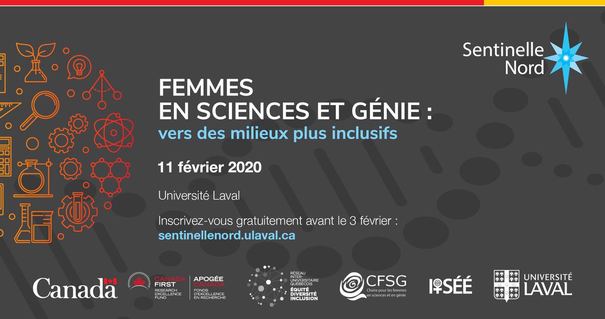 Tous sont invités à venir discuter de la place des femmes en sciences et génie, et façonner ensemble des milieux plus inclusifs, plus performants et tournés vers l’avenir. 

bit.ly/2NvNQyr

#EDI <a href="/universitelaval/">Université Laval</a> <a href="/USherbrooke/">Université de Sherbrooke</a> #WomenInScience <a href="/RC_Science/">Radio-Canada Science</a>