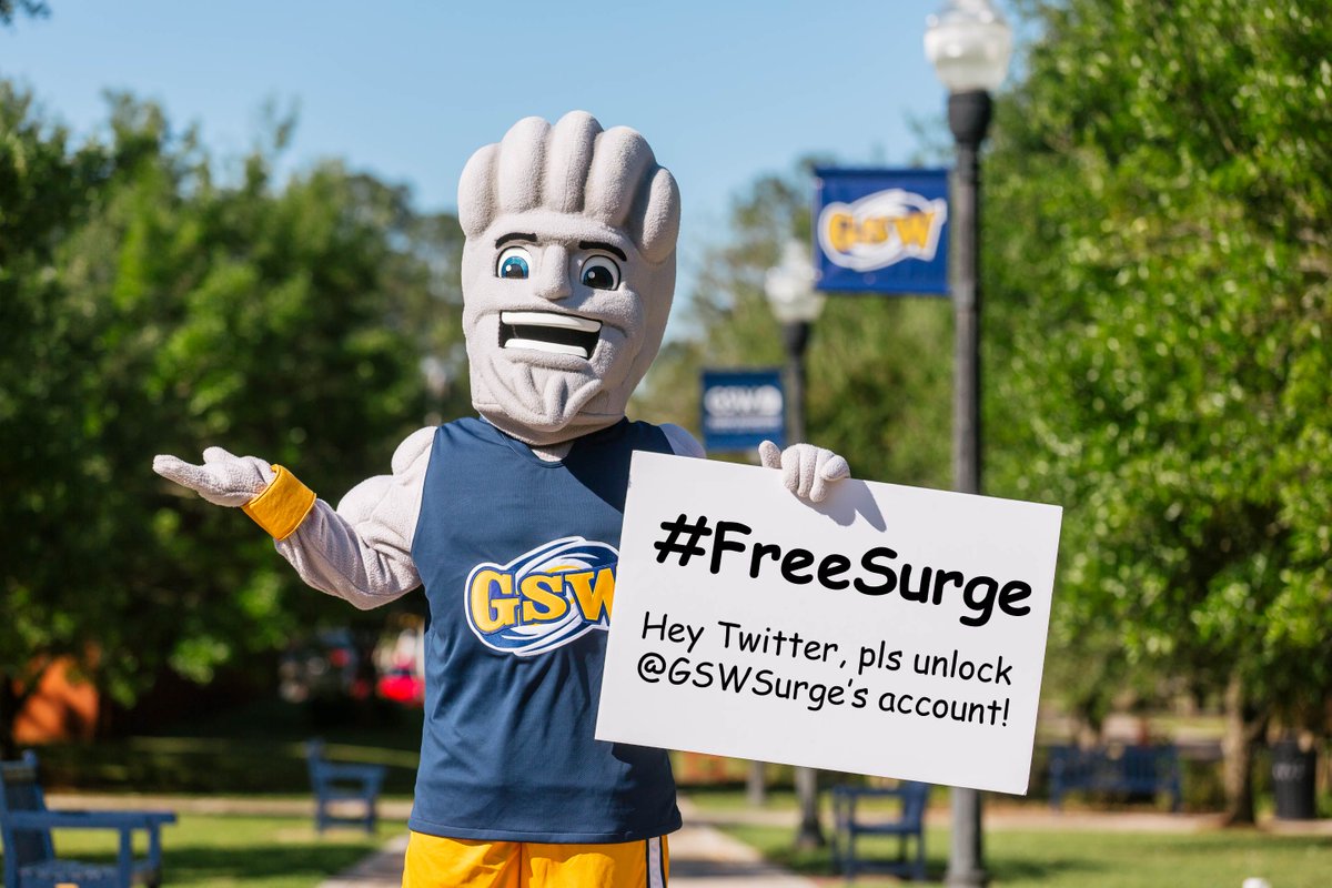 GaSouthwestern's tweet photo. Hi @Twitter @TwitterSupport, our beloved mascot Surge was locked out of his account for being underage just before his 10th birthday in Nov. But everyone knows mascot years aren’t the same as people years.

Please give @GSWSurge his account back! His fans miss him! #FreeSurge https://t.co/7taj7GYCoL