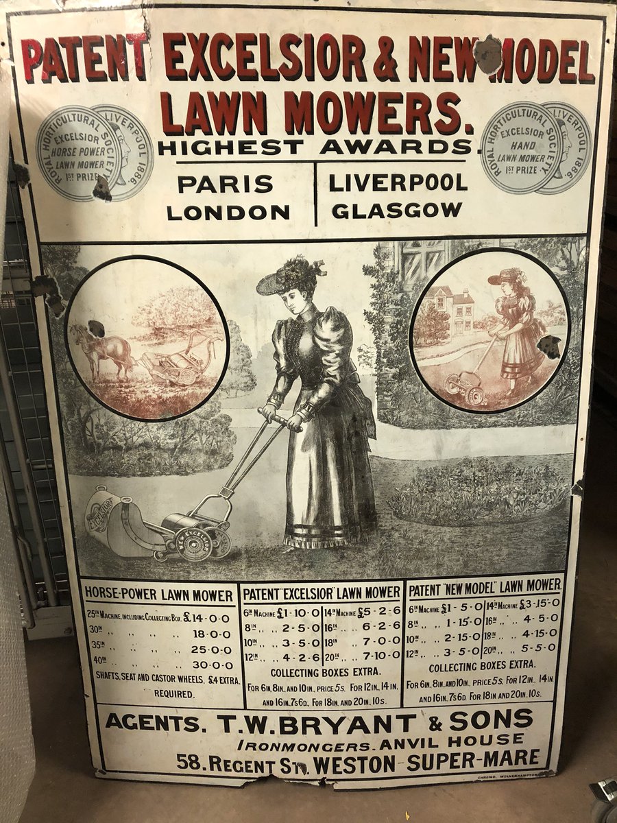 AmalKhreisheh's tweet photo. Love this enamel sign advertising Excelsior lawn-mowers, as sold by T. W. Bryant &amp; Sons, ironmongers, based at Regent Street in Weston-super-Mare, c. 1900. Will be on display @westonmuseum in new temp exhibition from 8 Feb. #SWHTDiscovery #SouthWestHeritageTrust https://t.co/diKGUCcZ1Q