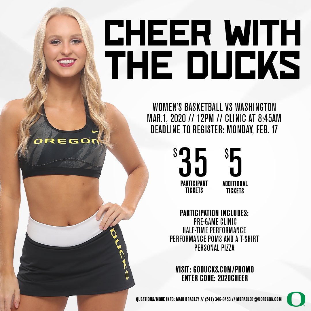 The time has come! With @oregonwbb in the middle of such an exciting season we are beyond excited to be there for their last home game of the season with support from our friends and future Oregon Cheerleaders! Sign up soon to secure your spot as this game will sell out fast!