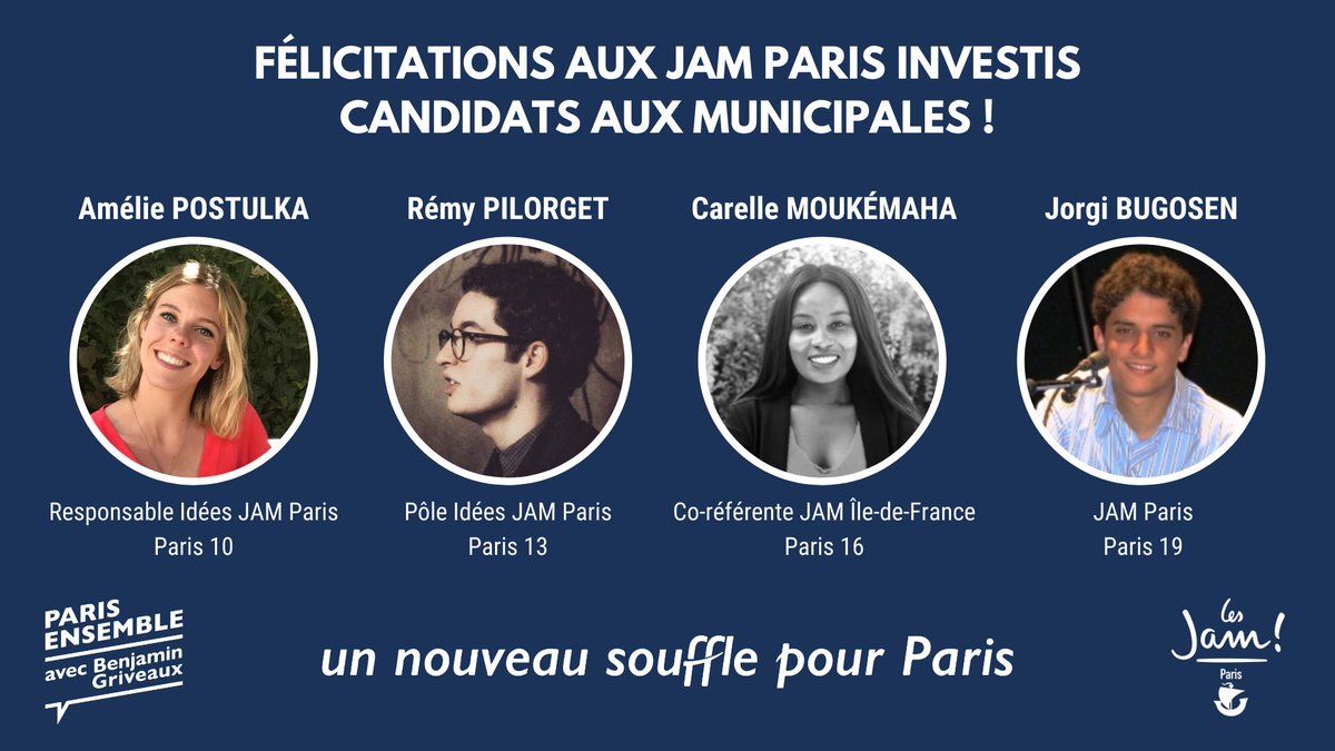 lesjem75's tweet photo. 👏 Bravo aux nouveaux candidats investis pour les #Municipales2020 à Paris aux côtés de @BGriveaux !
💪 Félicitations toutes particulières à @ameliepostulka, @carellemkha, @pilorget_remy et @JBugoen des JAM #Paris, qui sauront représenter la jeunesse sur cette campagne ! https://t.co/CinIs36fAh