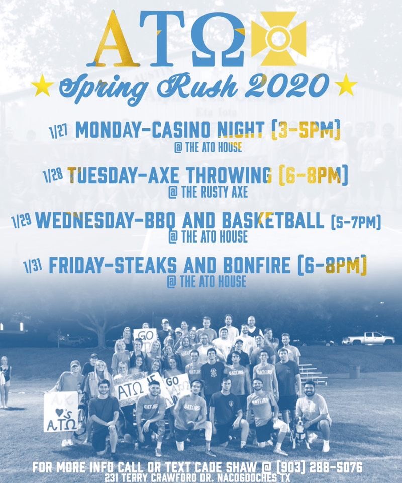 SFA_ATO's tweet photo. 🚨ATTENTION🚨 It’s that time of year again Jacks! Come check us out this spring and be a part of an organization where you can have a good time and better yourself!!! Feel free to DM any questions and we’ll catch yall soon! #sfa24 #RushIFC #RushATΩ https://t.co/CqcbY3grUa