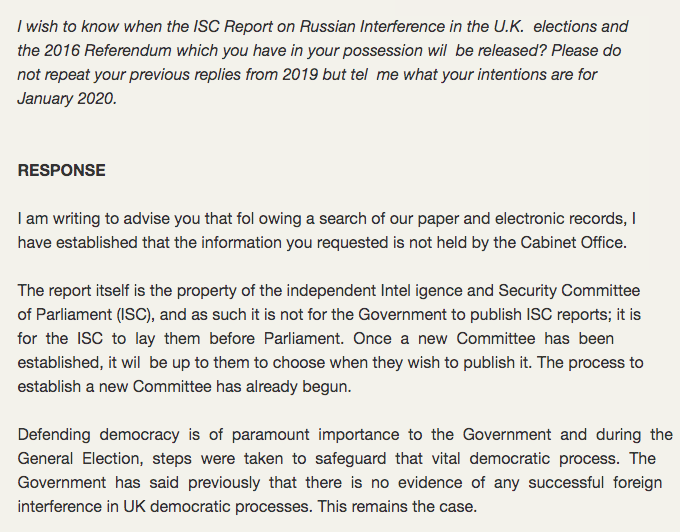 carolecadwalla's tweet photo. Latest gaslighting from Cabinet Office. New FOI response  re Russia report. "The information you requested is not held by the Cabinet Office" Huh? And, here it comes again, The Untestable Phrase: "There is no evidence of SUCCESSFUL interference in UK democratic processes" https://t.co/aXZWEYqOLW