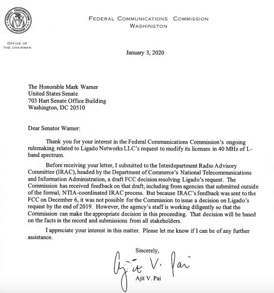 JohnHendel's tweet photo. FCC Chair @AjitPaiFCC tells Sens. @MarkWarner and @MarshaBlackburn that IRAC timing prevented the FCC from issuing a decision on Ligado's application by end of 2019 but promises "the agency’s staff is working diligently so that the Commission can make the appropriate decision" https://t.co/VcmklBx1qN
