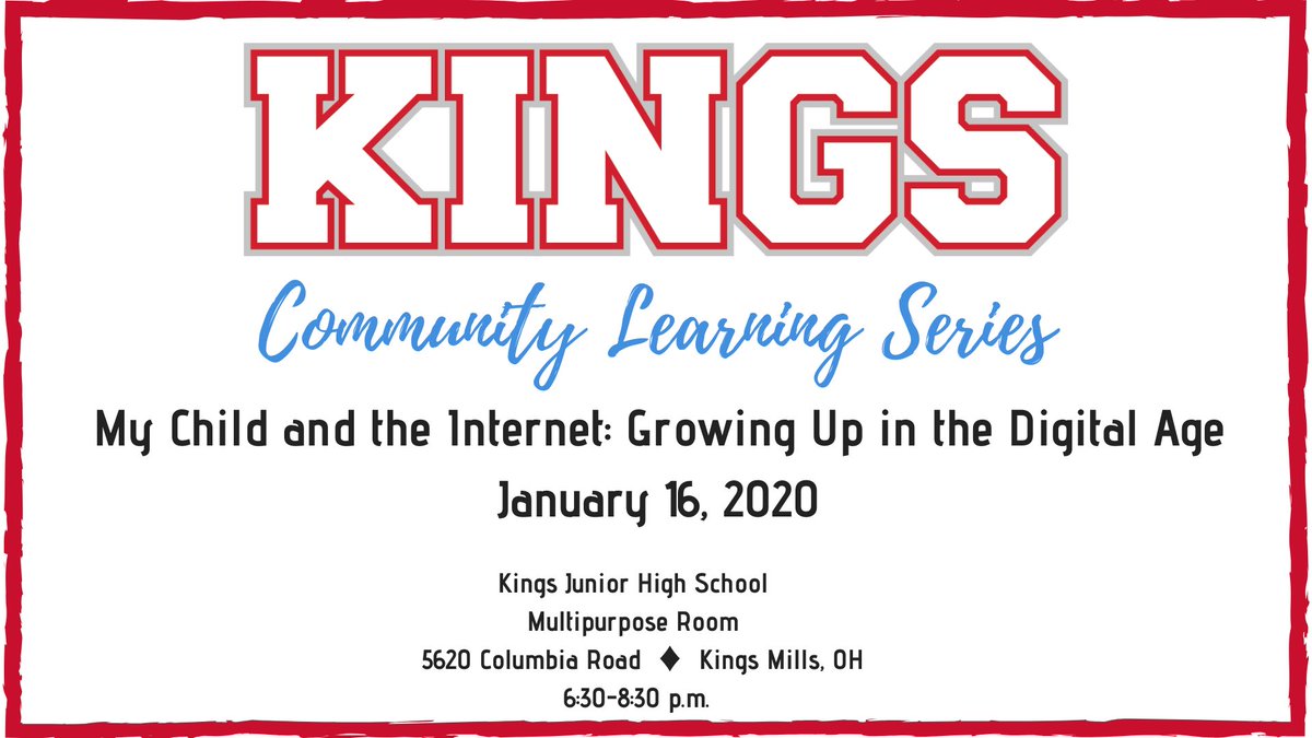 Kings_Schools's tweet image. THURSDAY!! Please join us as we welcome Dr. Tuell from @LindnerCtrHope to present “My Child and the Internet: Growing Up in the Digital Age.” You won’t want to miss. It&apos;s highly informative! #KingsStrong #CommunityLearningSeries
