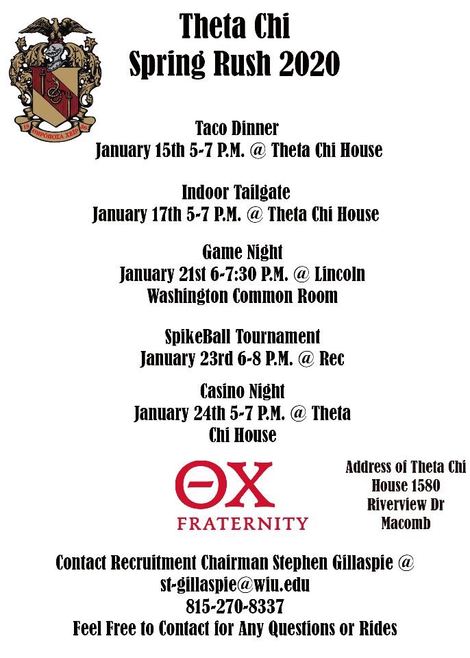 Taco Dinner!!  The location is 1580 Riverview drive at the Theta Chi House! Bring your friends for some free tacos and meet the brothers to see what Theta Chi has to offer!! If you need a ride arranged let us know!
