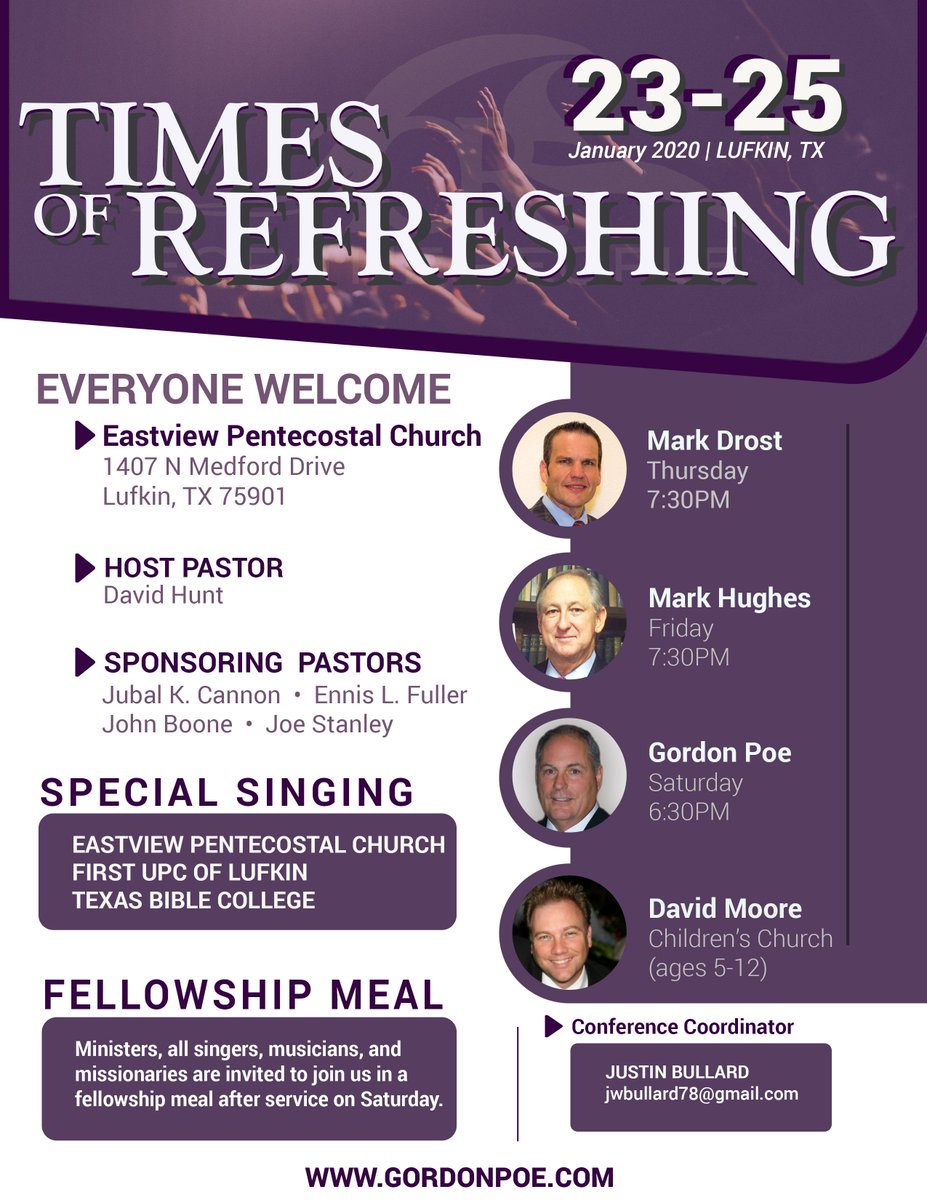 EastviewUPC's tweet photo. Lufkin, get ready for Times of Refreshing!!! Tag all your friends. Text everyone. Help us spread it on social media. Healings are happening at every meeting.  Let's get together and have a move of God. Everyone is welcome. Don't miss your opportunity!!! https://t.co/WEfT84XwMe