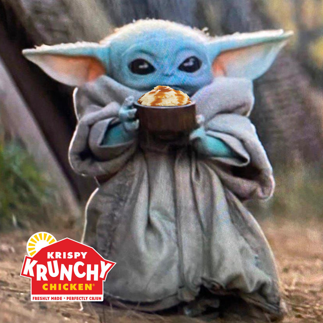 krispykrunchy's tweet image. When you are feeling a bit cranky-crank, then put some yummy-yum in your cuppy-cup and take the first bitey-bite. #babyyoda #yummyyum #krispykrunchychicken