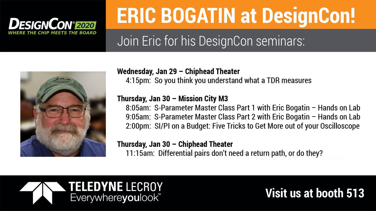 TeledyneLecroy's tweet photo. Heading to @DesignConEvent? While you're there attend one or more of Eric Bogatin's free technical talks. Get a full schedule here: https://t.co/SEDcbKwjzc #DesignCon #bethesignal #engineer #education #sparameters #tdr #oscilloscope https://t.co/6Fndc8eYiC