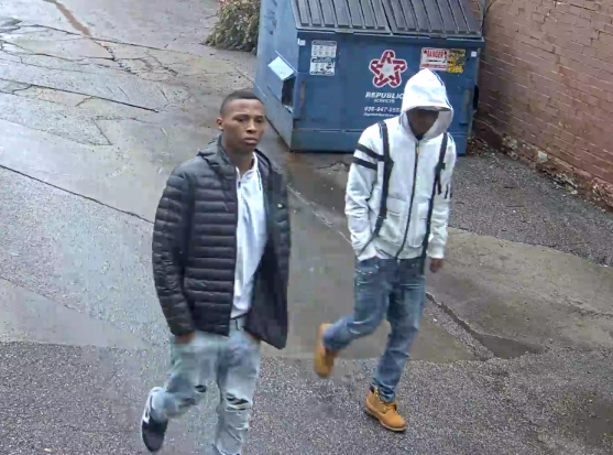 SLMPD's tweet photo. Around 10:40 a.m. today, these 2 suspects pulled a 79yo female from her vehicle in the 4500 block of Laclede Ave.

When the suspects were unable to drive the car, they fled the scene on foot.

If you recognize either of these suspects, please call @STLRCS at 866-371-TIPS (8477). https://t.co/WguFJazvTP