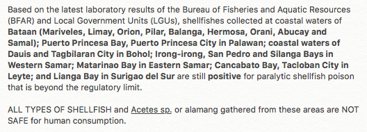 InquirerBiz's tweet photo. ADVISORY: Latest #ShellfishBulletin from the Bureau of Fisheries and Aquatic Resources (BFAR) dated Jan. 15, 2020. #RedTidePH | @kocampoINQ https://t.co/De9Ryjy3gz