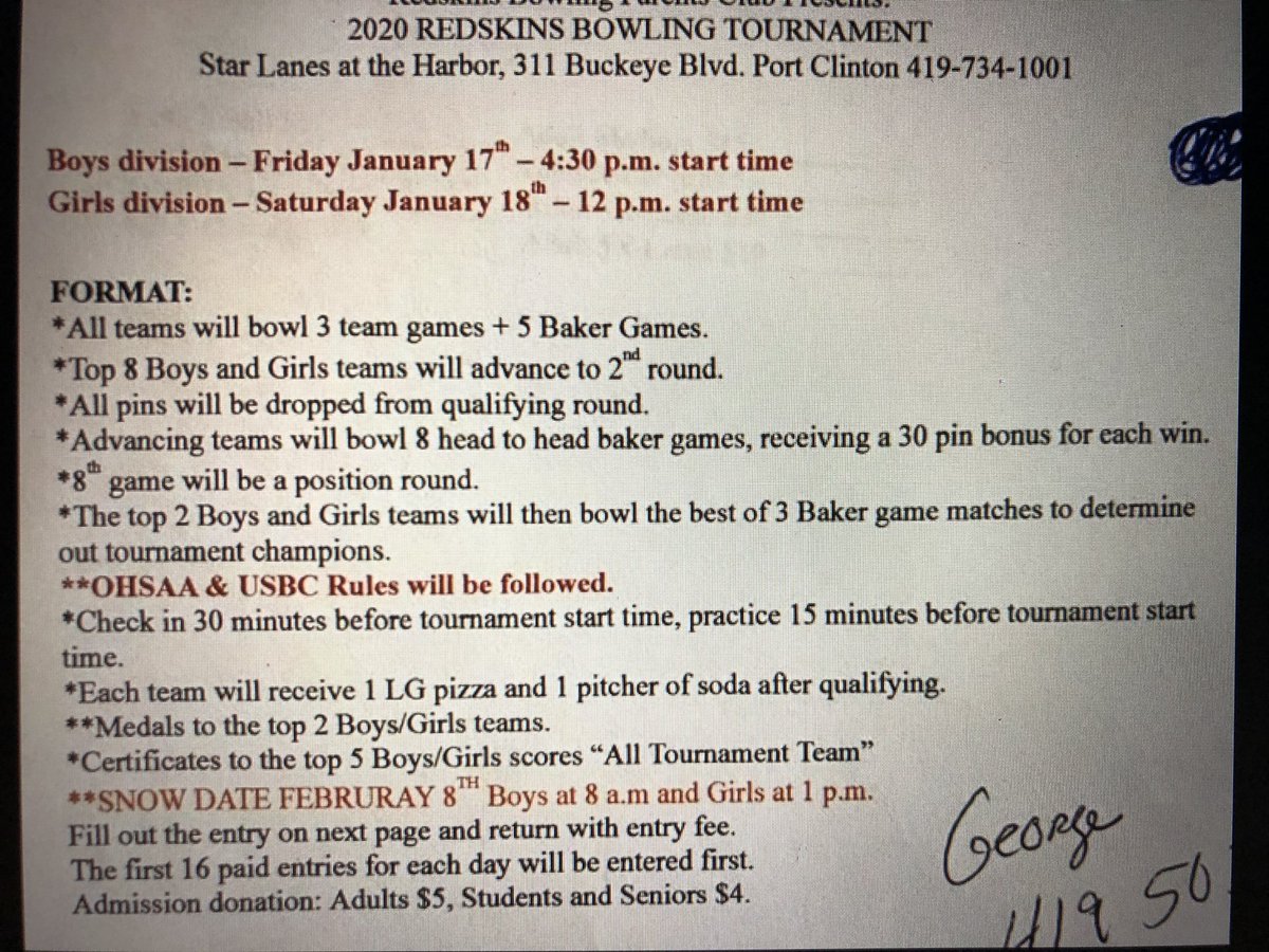 bowling_bghs's tweet photo. Here is information regarding the Port Clinton tournament this weekend. There is a entry fee to $5 for adults and $4 for seniors to enter the tournament. I would recommend getting there at least a 45 in advance since the alley will fill up fast. @BGHS_AD #bobcatproud #runthetable https://t.co/dzrNfDNhJb