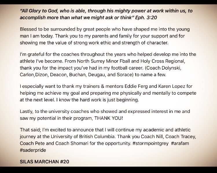 silas_marchan's tweet photo. Blessed to announce my COMMITMENT 🙏🏽 Thank you @CoachNill @CoachPBuckley @ShoWill33 and Coach Tracey #stormpointgrey @AIRRAIDACADEMY @FBall_Crusaders @Athletics_HC https://t.co/GvcDdDYDAx