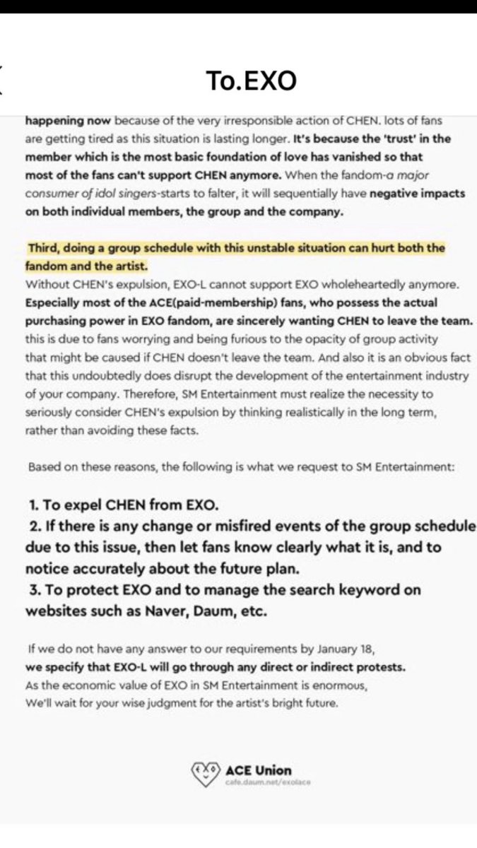 chen_brazil's tweet photo. [⚡] ATENÇÃO!
Kerries, estao nesse momento espalhando pelo ACE uma petição pedindo que o Jongdae saia do grupo e se ate o 18/01 ele nao sair, elas irão fazer protestos diretos e indiretos
Isso é inadmissível e prejudicial. É a segurança do Jongdae e do EXO que está em risco agora https://t.co/tFTz6d2ONO