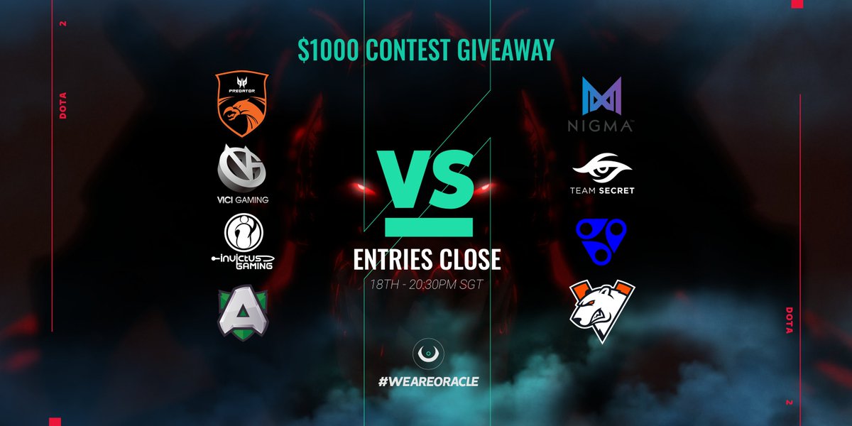 🚨 GIVEAWAY TIME 🚨
✅ Like Team Oracle on Facebook
✅ Follow Team Oracle on Twitter
✅ Like and Share on Facebook &amp; Twitter

This weeks games!
TNC ⚔ Team Nigma
Vici Gaming ⚔ Team Secret
Invictus Gaming ⚔ Reality Rift
Alliance ⚔ Virtus Pro

Enter: bit.ly/38eXc9B