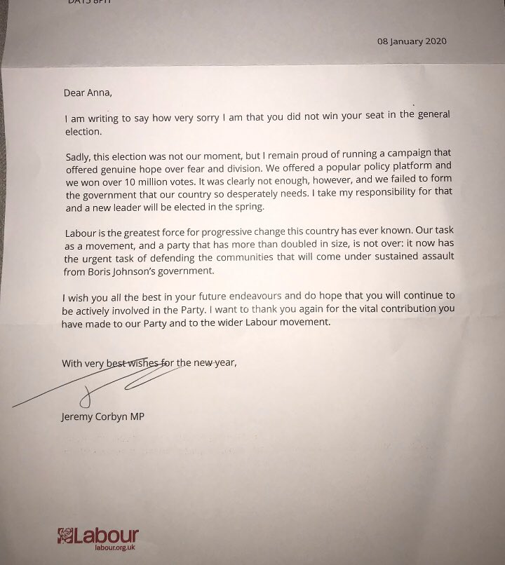 Annarbanannar's tweet photo. Thank you @jeremycorbyn  
I am proud to have stood for my constituency under your leadership; our defeat is the country’s loss. I wish you happiness &amp; contentment #hopenothate 🌹 https://t.co/HQcX02cyTf
