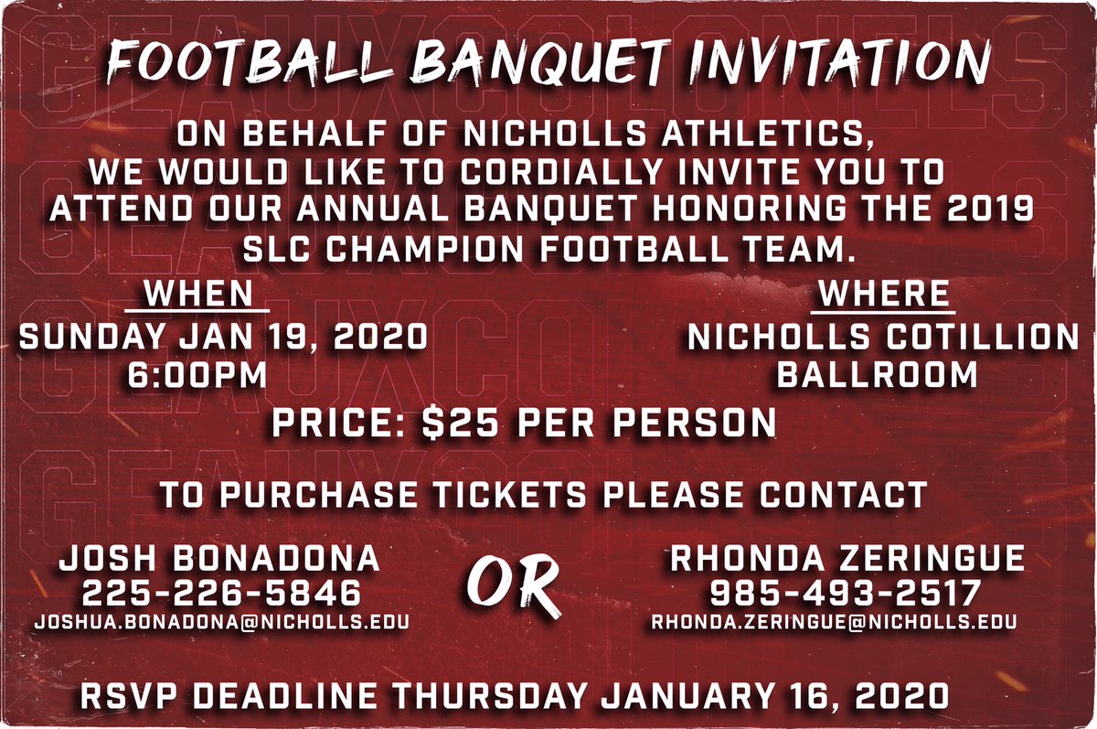 Nicholls_FB's tweet photo. Come join us this Sunday as we celebrate another outstanding year of Colonel Football.
#GeauxColonels ⚔️ #r19htNow https://t.co/1GVCcv5zfv