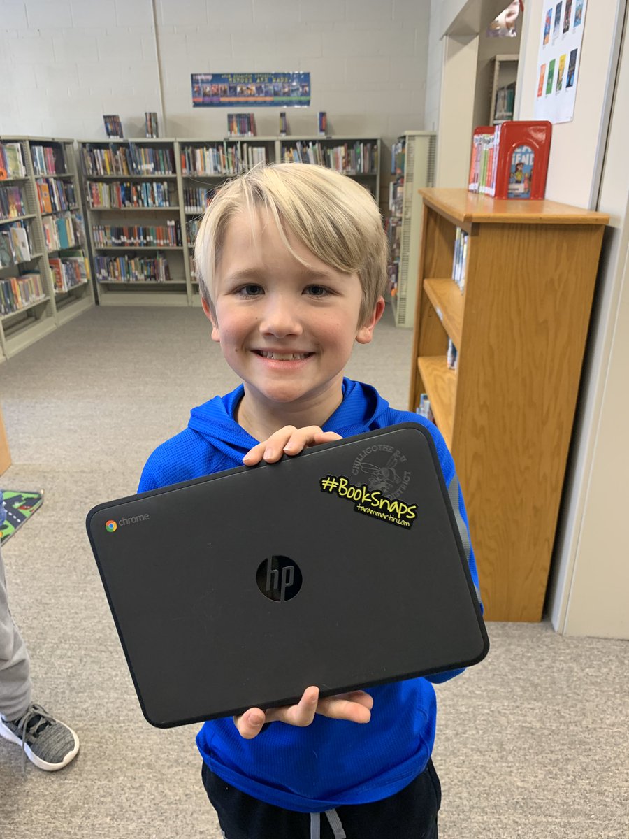 This kiddo was super excited to earn his #Booksnaps sticker! 
I got a handful from the infectious @TaraMartinEDU at a conference and my students were stoked to get a chance to earn some stickers for their Chromebooks! Thanks, Tara!
#hornetsr2 #dewey45 #elementarylibrary
