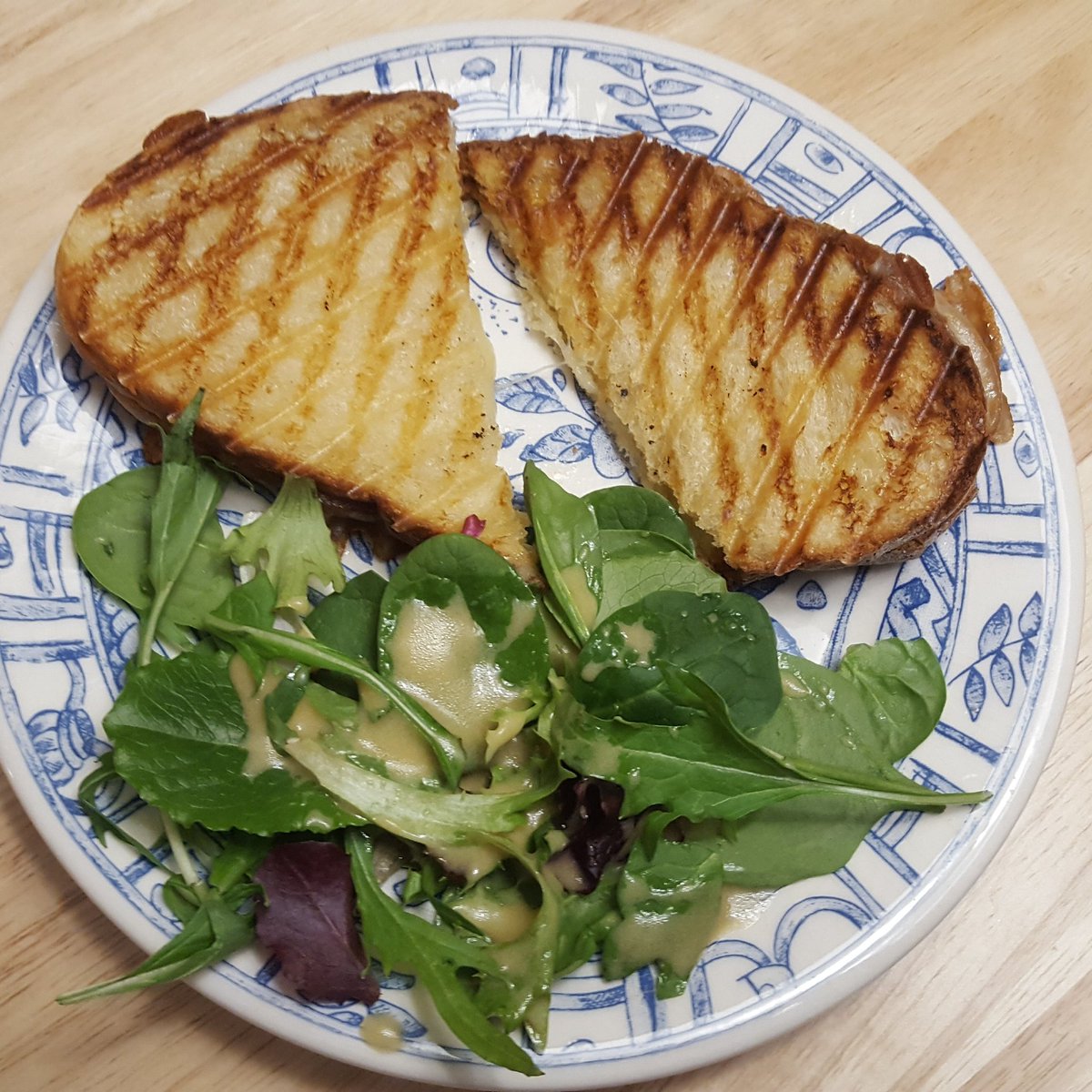 AmandaDeverich's tweet image. Muenster pannini on pane di casa accompanied by a simple side salad with mustard vinaigrette. (Never made mustard vinaigrette before. That was easy! And yummy!) #Cook90 @DavidTamarkin @ABoveWill