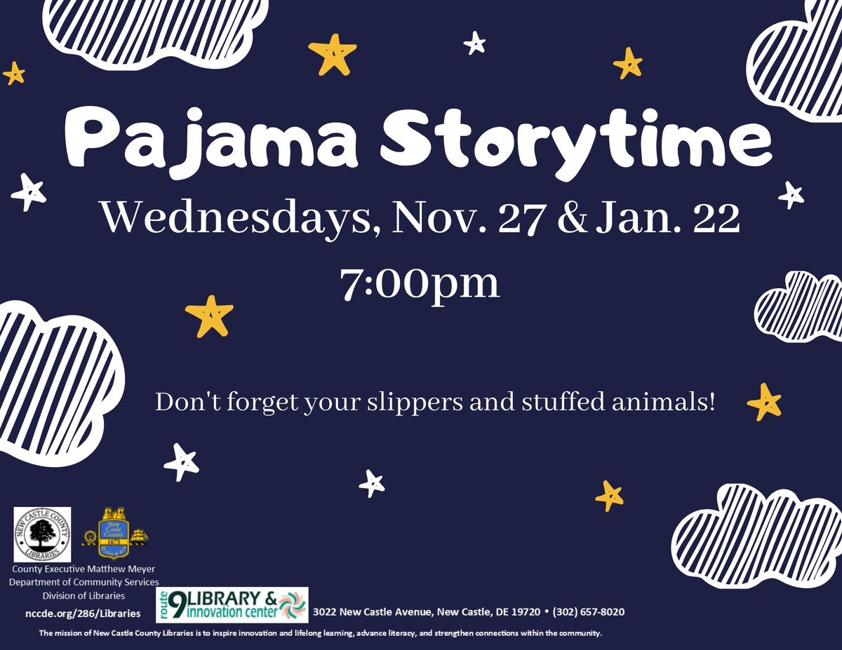 NCCDE's tweet photo. Wear your pajamas &amp; bring a blanket to the #Route9Library for our Pajama Storytime. Stories are read &amp; then stick around for a fun activity. Stuffed animals are encouraged, but not required. Nov. 27 and Jan. 22 at 7pm. Children under 13 with an adult caregiver. https://t.co/c2ukGDjFsT