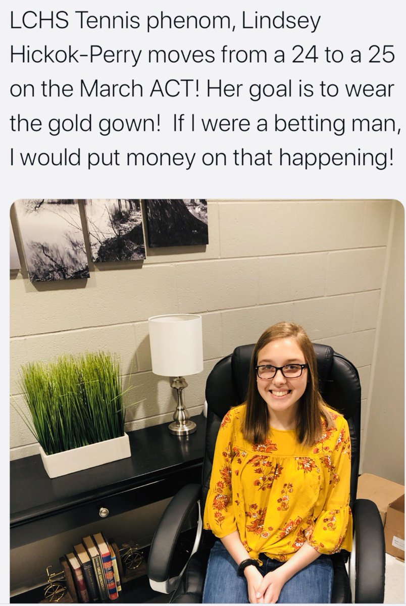 LCHSone's tweet photo. ACT PERSISTENCE PAYS!
Lindsey Hickok-Perry’s ACT score was introduced to the Twitter world in January 2019. I told you then she would be wearing a gold gown in May 2020. Since then, she earned a $250 scholarship, fee reimbursement, &amp; she just improved her score from 25 to 26! https://t.co/8M7t6V8b3m