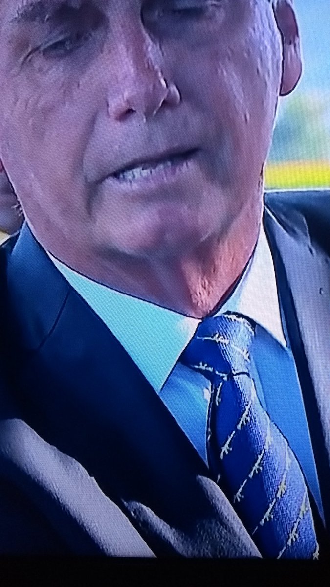 Alissluc's tweet photo. Vocês também viram que o presidente está usando uma gravata com estampa de fuzil? Lamentável! #jornalnacional https://t.co/Zr3UC9Ajnh