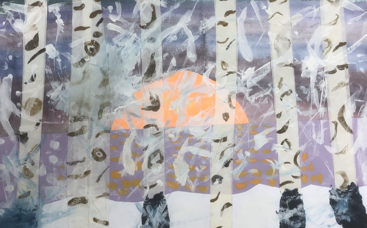 Beautiful Winter Birch Trees by Lake by talented Newbie Artist. So proud of you!